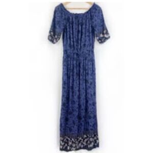BeachLunchLounge Navy Boho Floral Off Shoulder Maxi Dress Beach Cruise SZ XS